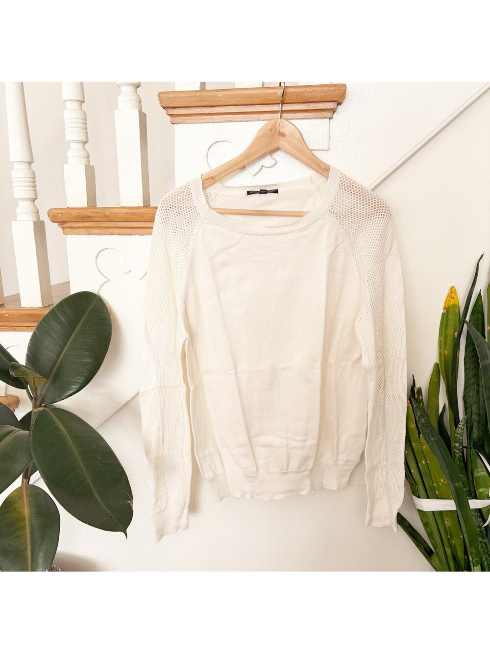 W118 by Walter Baker Open Knit Sleeve Cotton Sweater Cream Lightweight Casual M